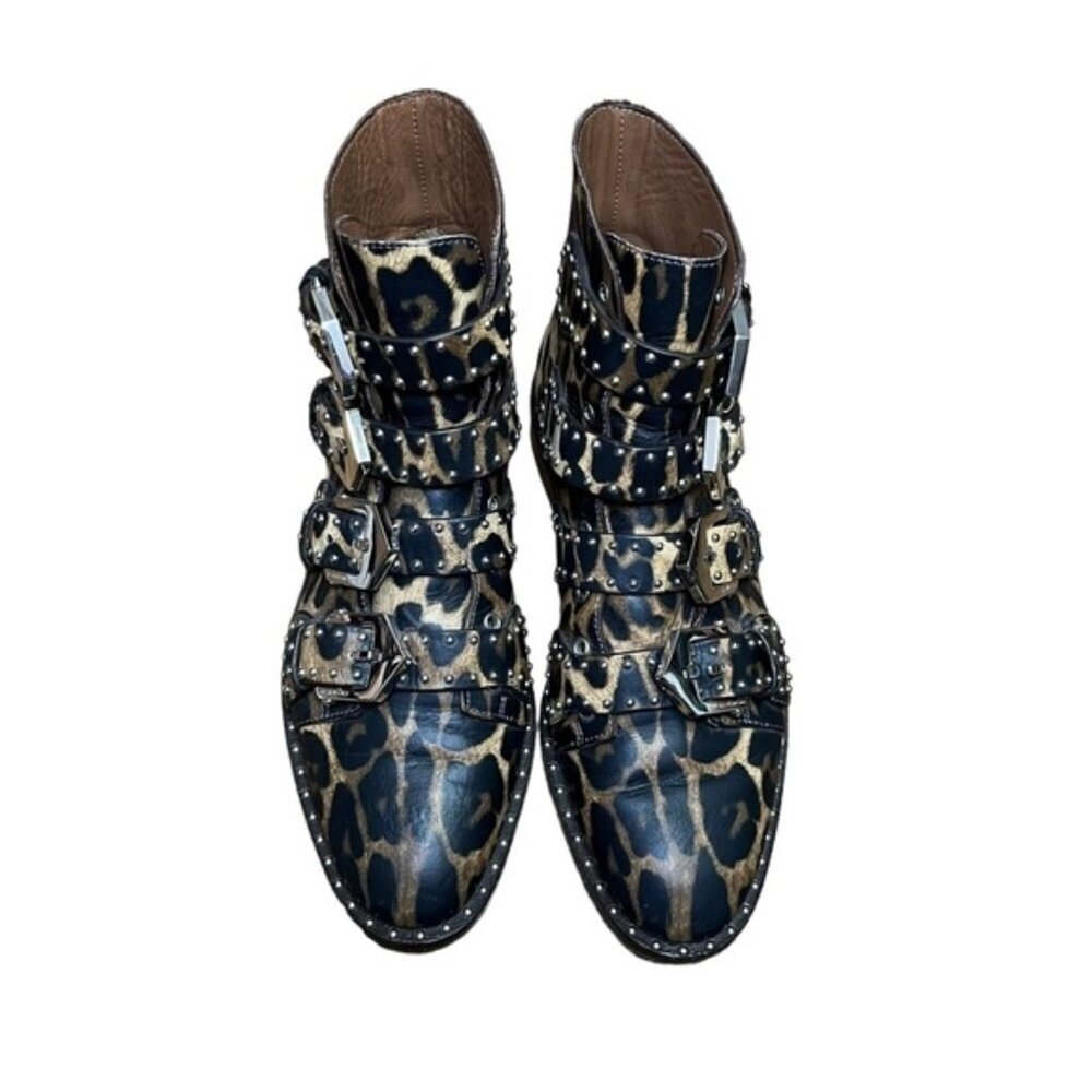 GIVENCHY Studded Leopard Print Buckle Leather Ankle Boot Size 36